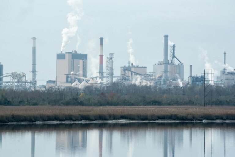 View of an industrial plant with smokestacks emitting smoke, located in Georgia, USA.