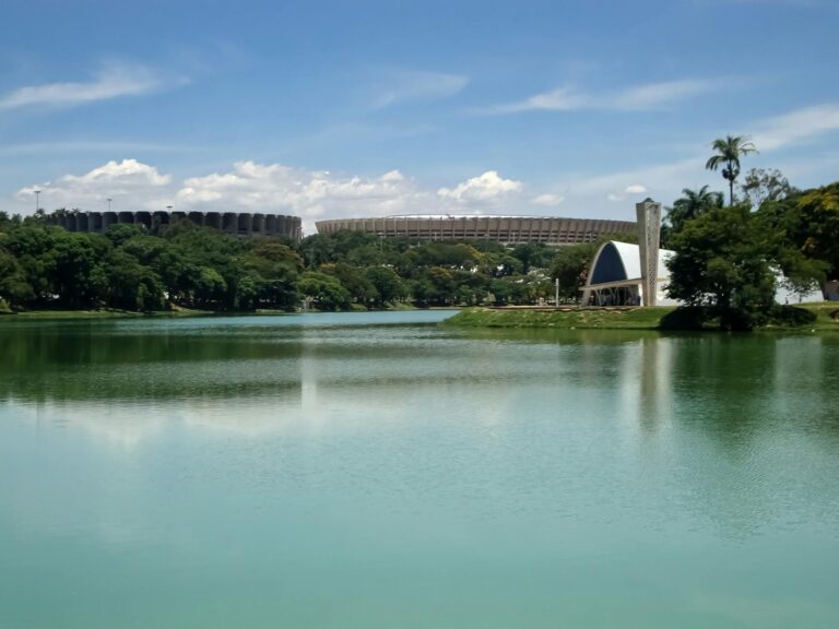 Scenic view of Pampulha Lake with iconic architectural structures in Belo Horizonte, Brazil.