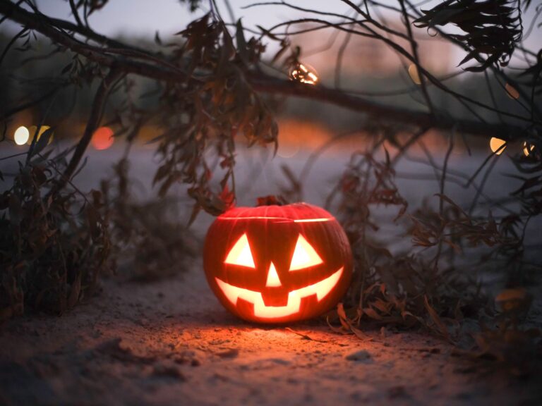 A carved Jack-o'-lantern glowing on a nighttime outdoor scene, evoking Halloween spirit.